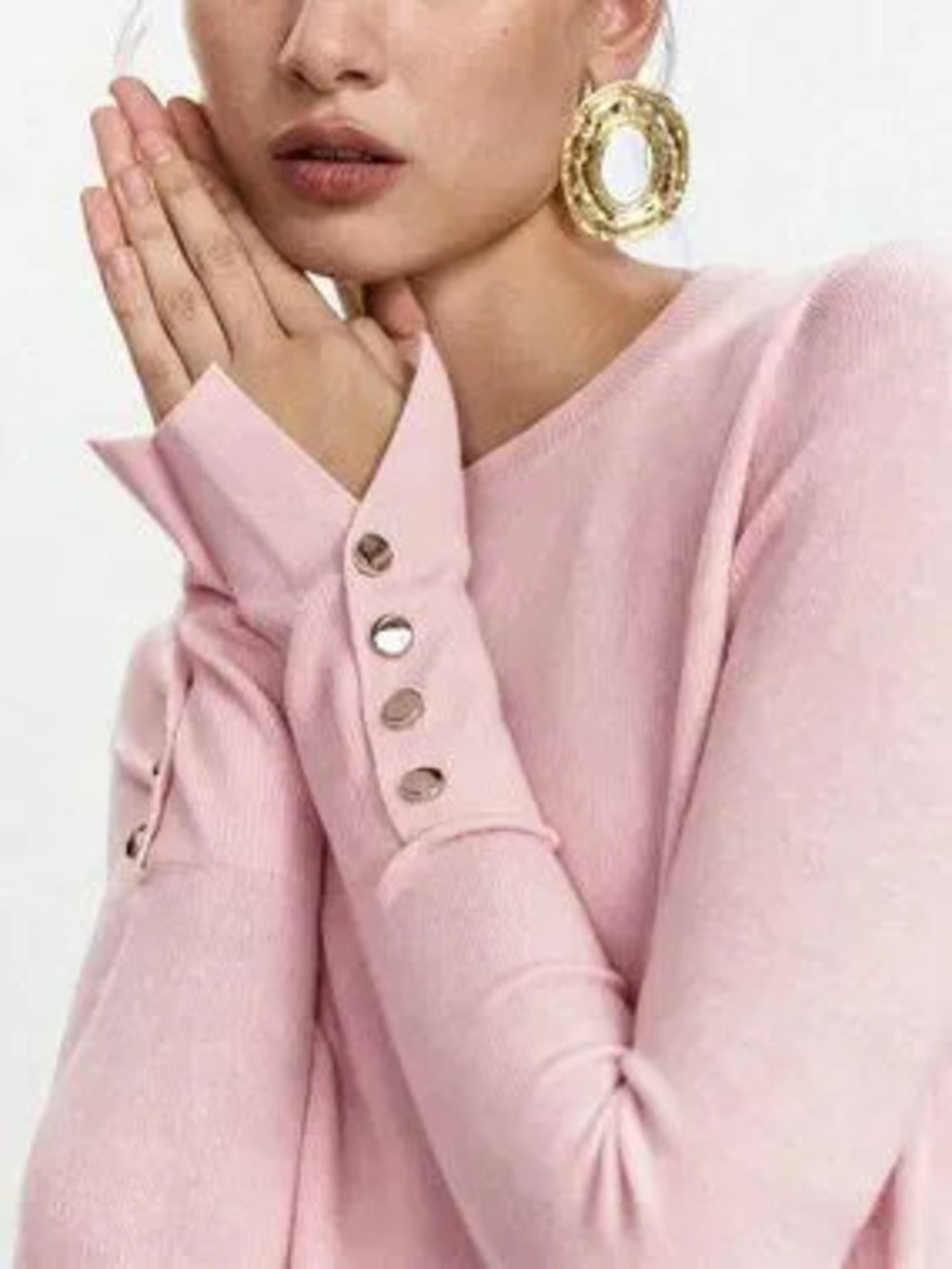 ZARA Baby Pink Casual Women's Button Rib-Knit V Neck Slim Fit Pullovers